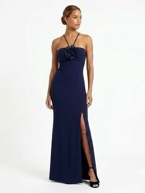 Xscape NWT Navy Blue Floral Flower spaghetti Strap Maxi Formal Dress Gown 10